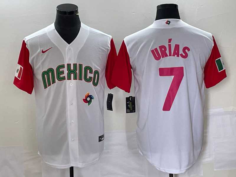 Men's Mexico Baseball #7 Julio Urias Number 2023 White Red World Classic Stitched Jersey 31